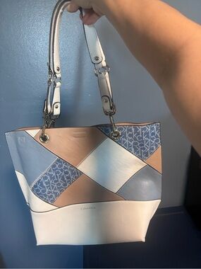 Calvin Klein Patchwork Logo Tote in Blue, White & Tan